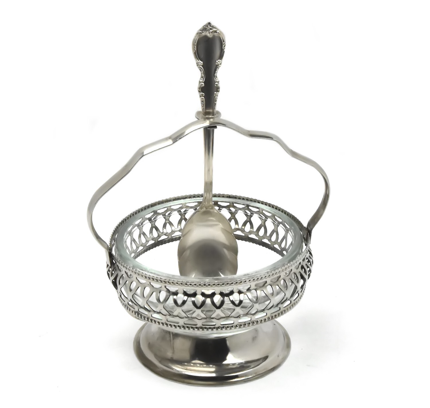 Silver Plate Condiment Server, Weave Basket Glass Bowl Spoon England – SLV221