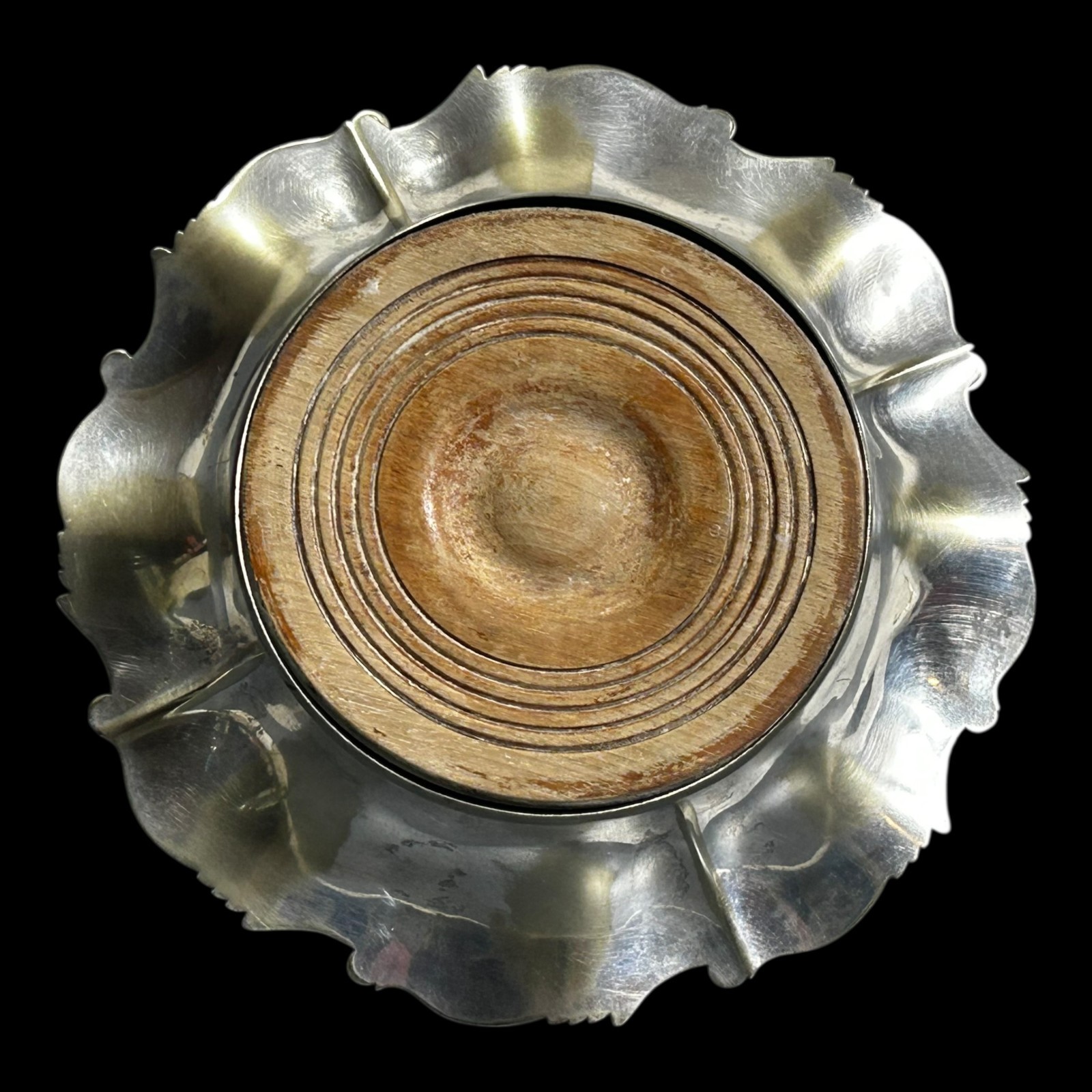 Antique Silver Plate Wine Bottle Coaster Grape Motif Wood Base Victorian