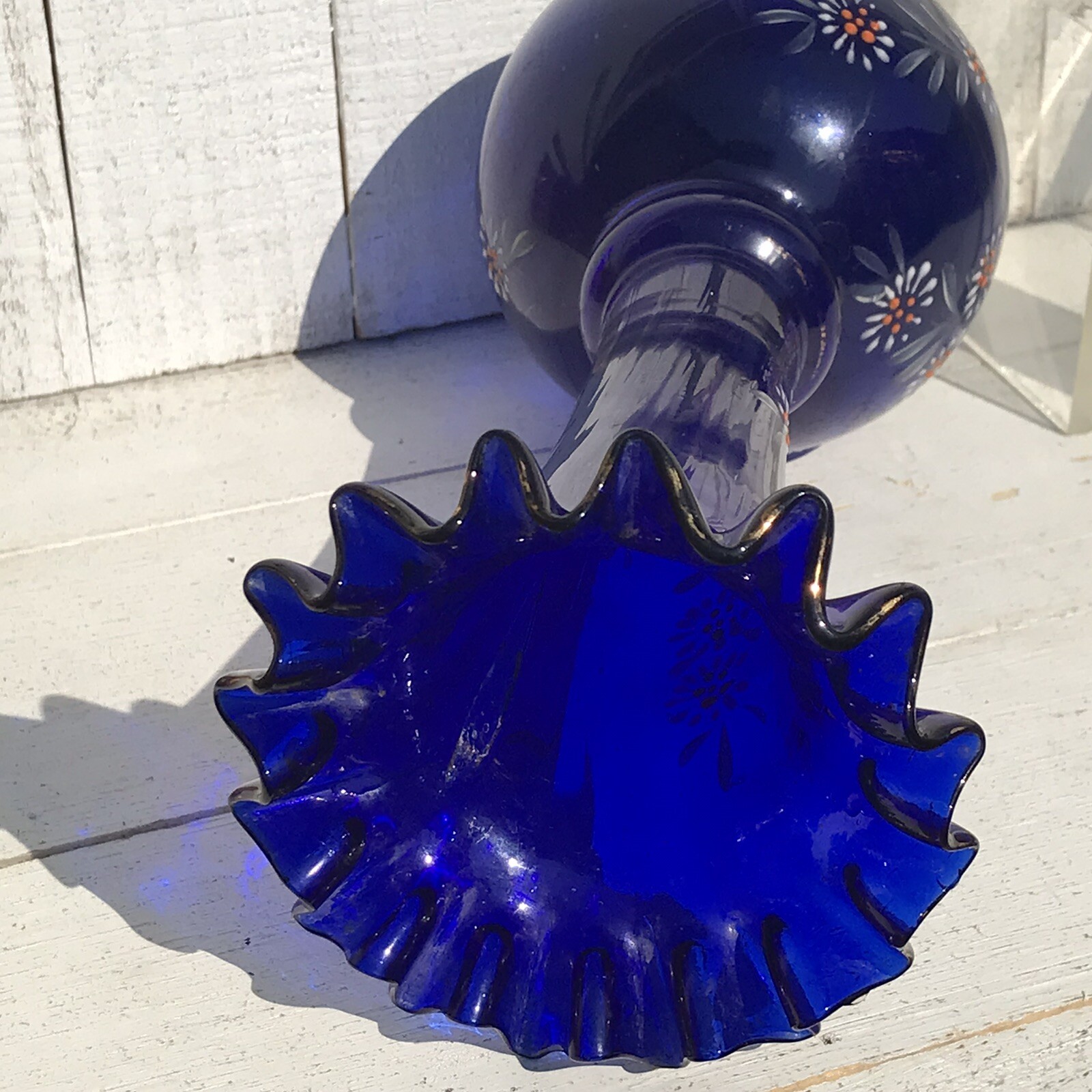 Antq Victorian Cobalt Blue Blown Glass Bulb Vase Hand Painted Gold Vtg Floral