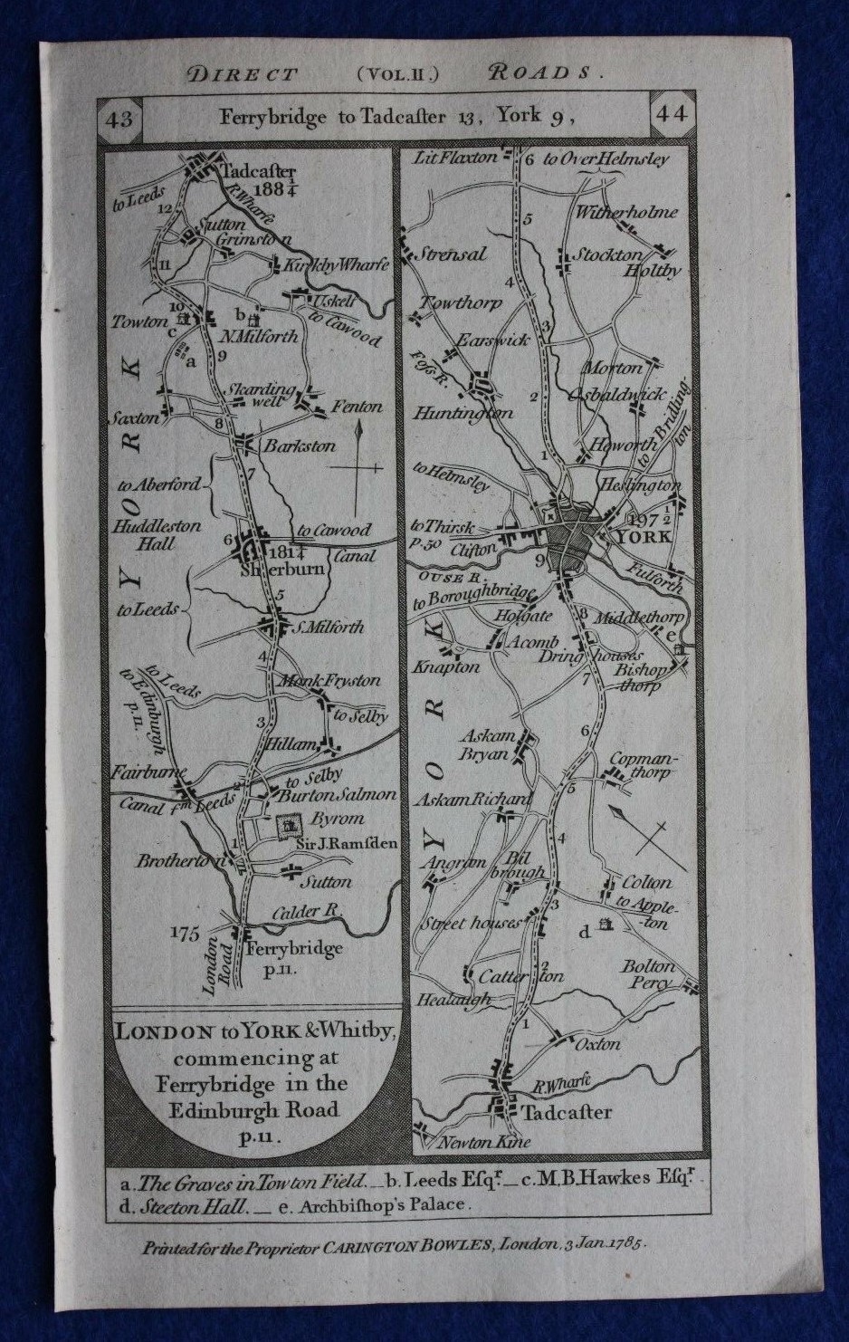 Original antique road map YORKSHIRE, TADCASTER, YORK, PICKERING, Paterson, 1785