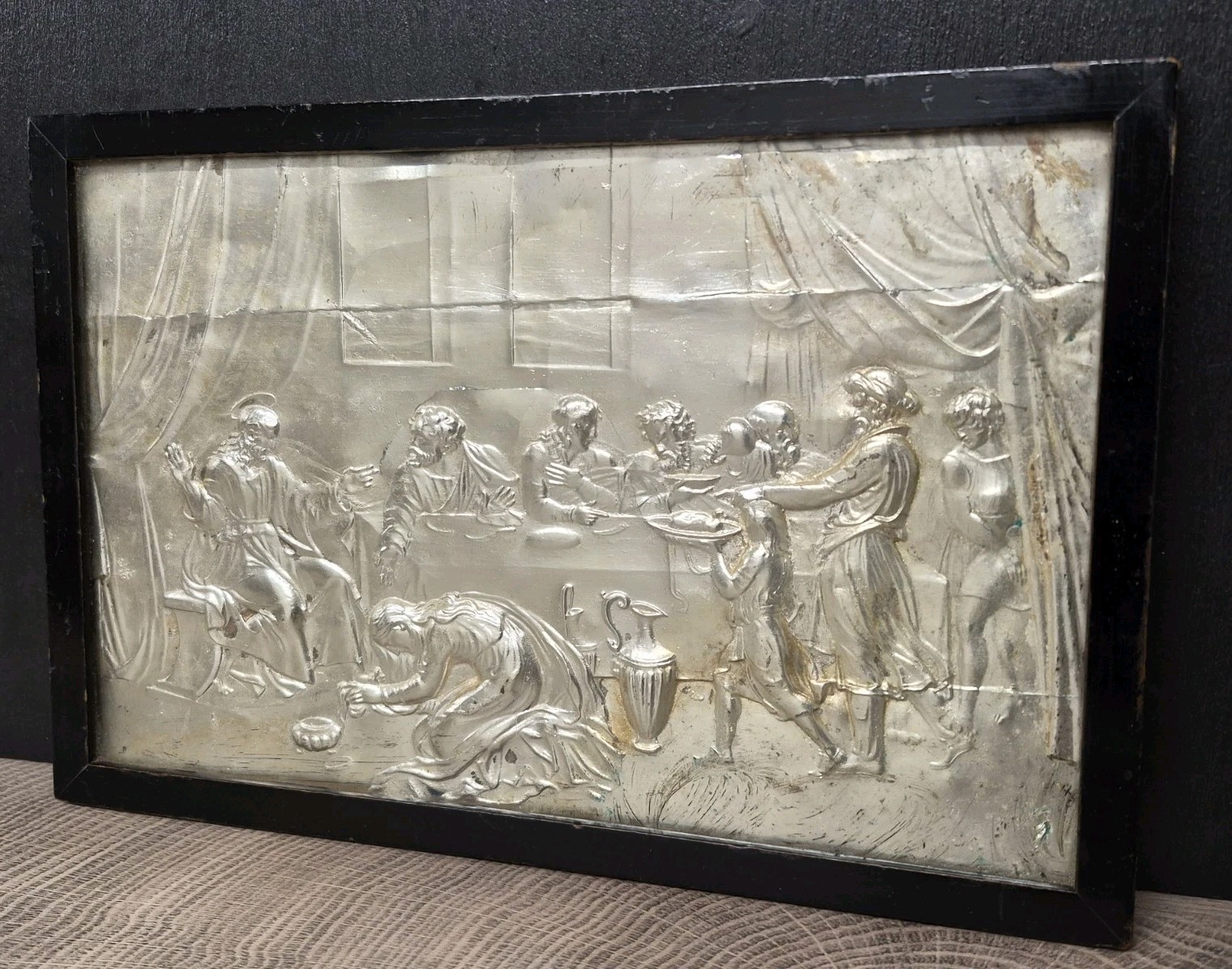 ANTIQUE BAS RELIEF LAST SUPPER SILVERED ANDREW DUTHIE SCOTTISH GALLERY LABEL 10″