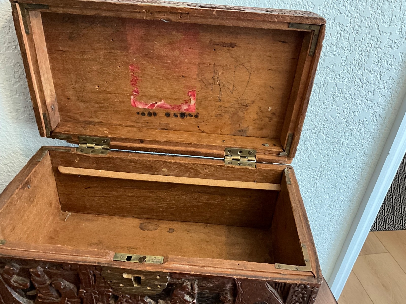 Antique Chinese intricately carved camphor wood chest 14″ x 8″