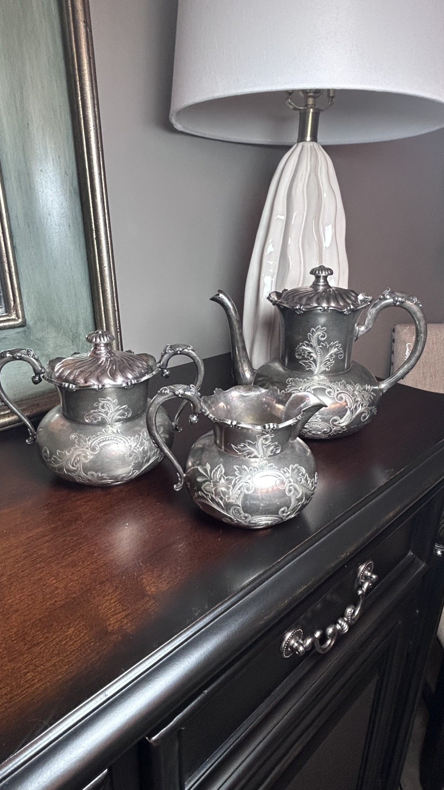 Antique Rockford Silver Plate Co. 3-Pc Tea Set Quadruple Plate # 994 Floral