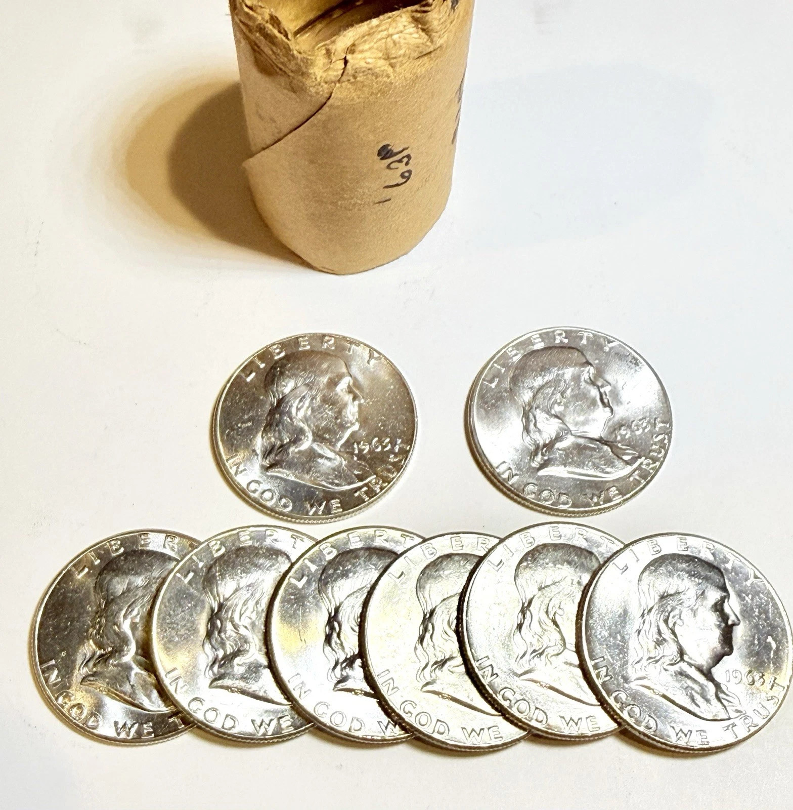 1963 P 90% SiIver Lot — $2.50 Face Value — 5 – 90% Franklin Half DolIars