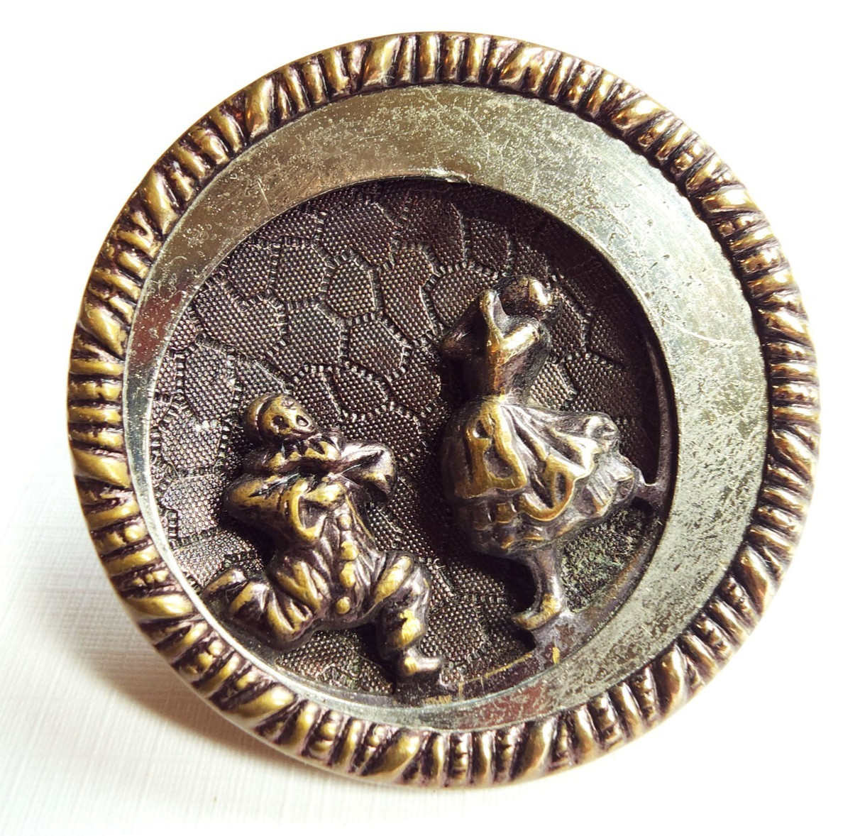 Pierrot & Pierrette ~ Large Antique French Theater Picture Button ~ 1-1/2″ 38mm