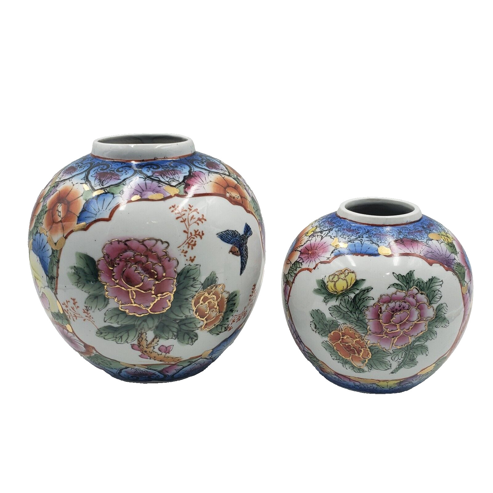 Asian Antique Chinese Gilded Ginger Jars Bird and Flowers Home Decor Set of 2