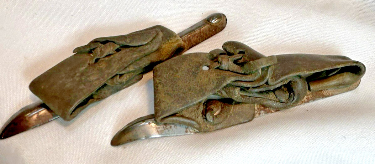Vintage Corn Husker Lot Of 2 Hand Shucker Farm Tools Metal Leather Pimative