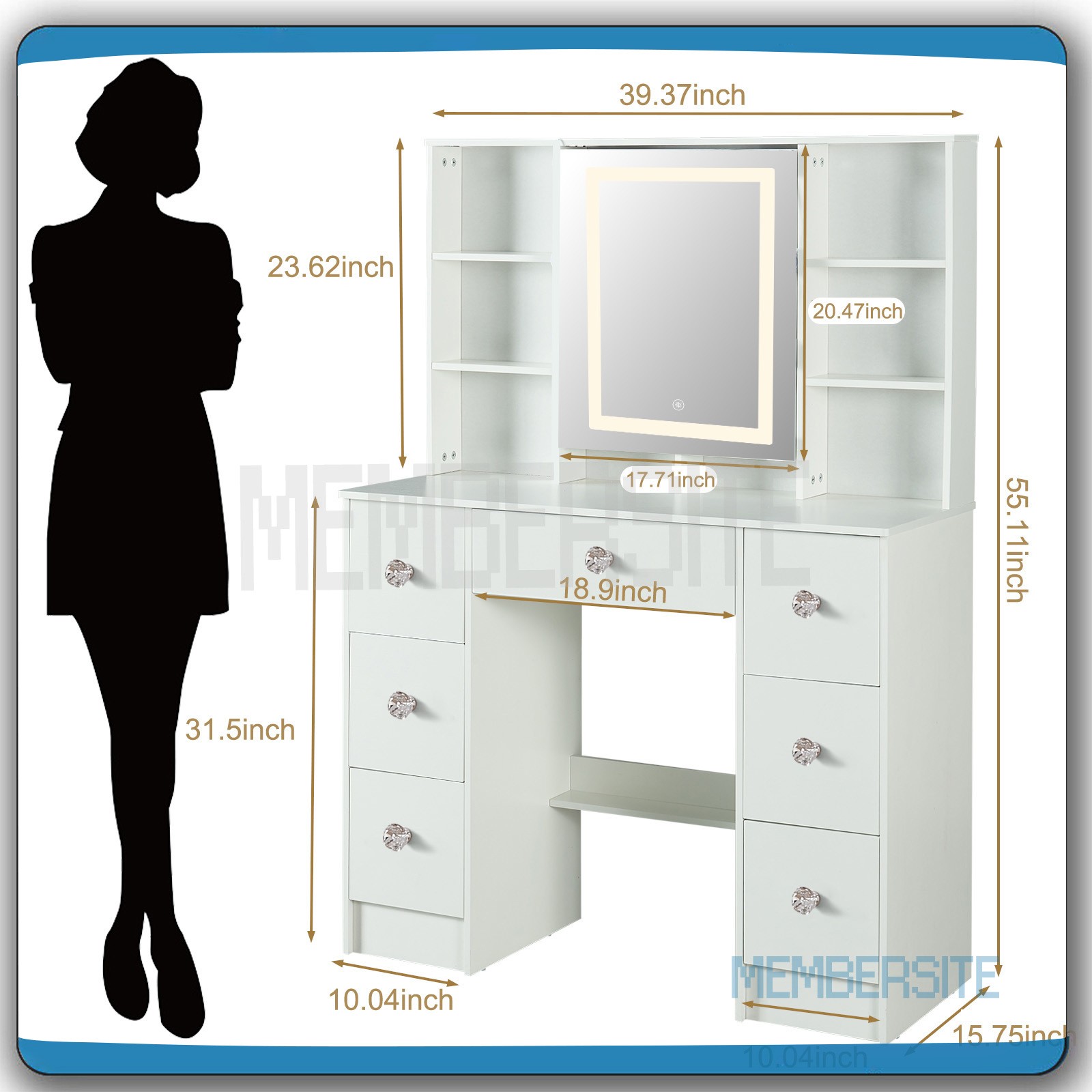 Vanity Desk With Smart LED Mirror Makeup Dressing Desk w/7 Drawers &Crystal Pull