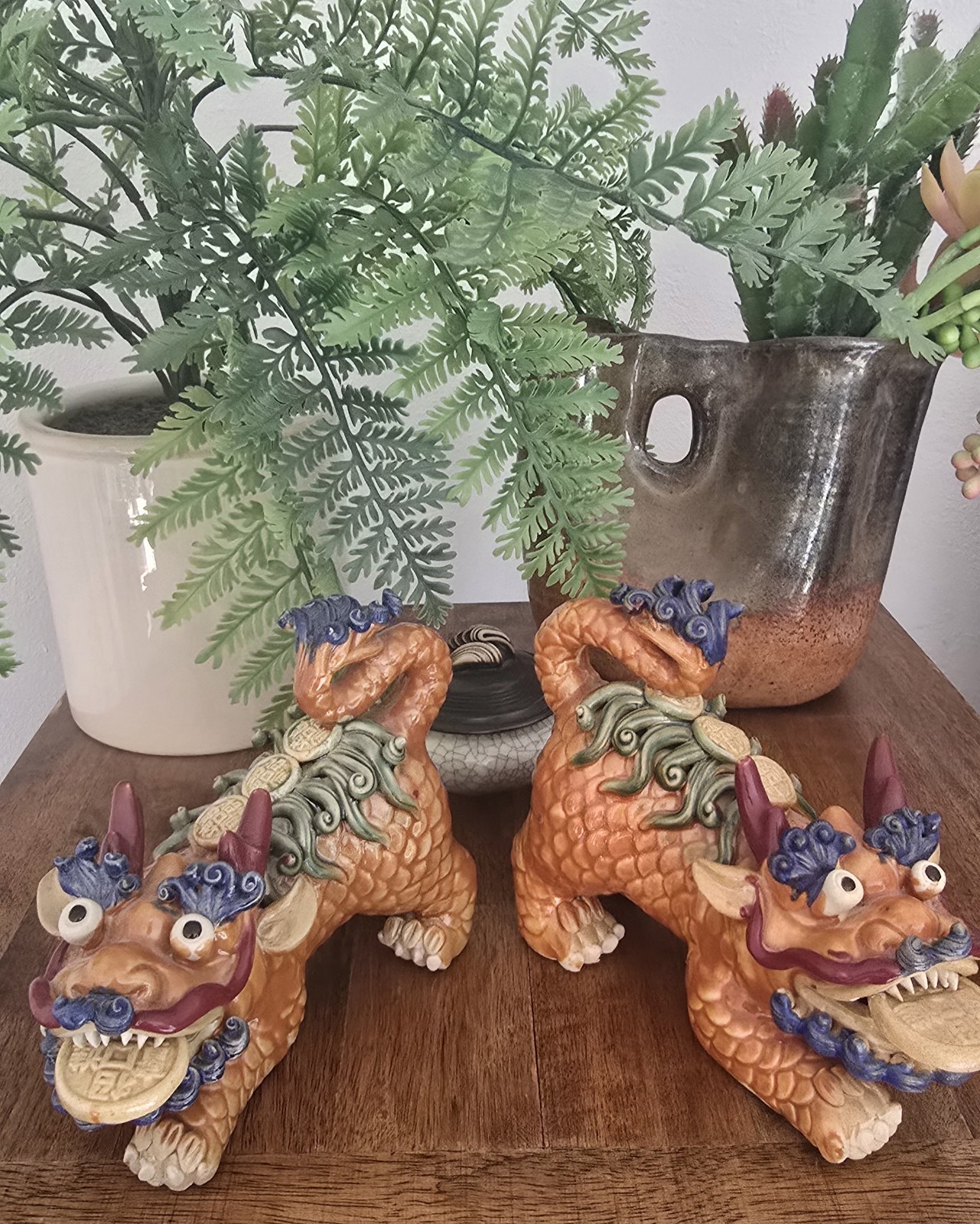 Pair of Chinese Pottery Art Foo Dogs Dragon Prosperity Coins Ornate Detail Decor
