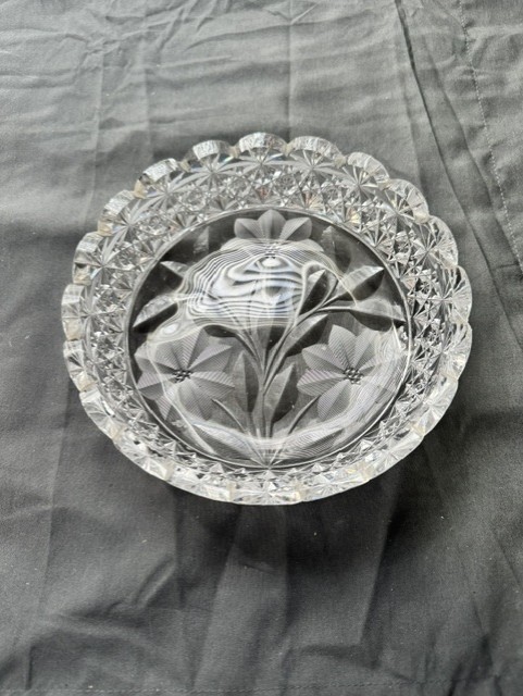 Vintage American Brilliant Candy / Nut Cut Glass w Flowers 7″ Wide