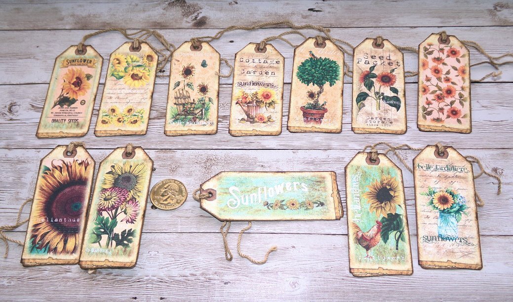 12~Vintage~Sunflowers~Garden~Junk Journal~Linen Cardstock~Gift~Hang~Tags