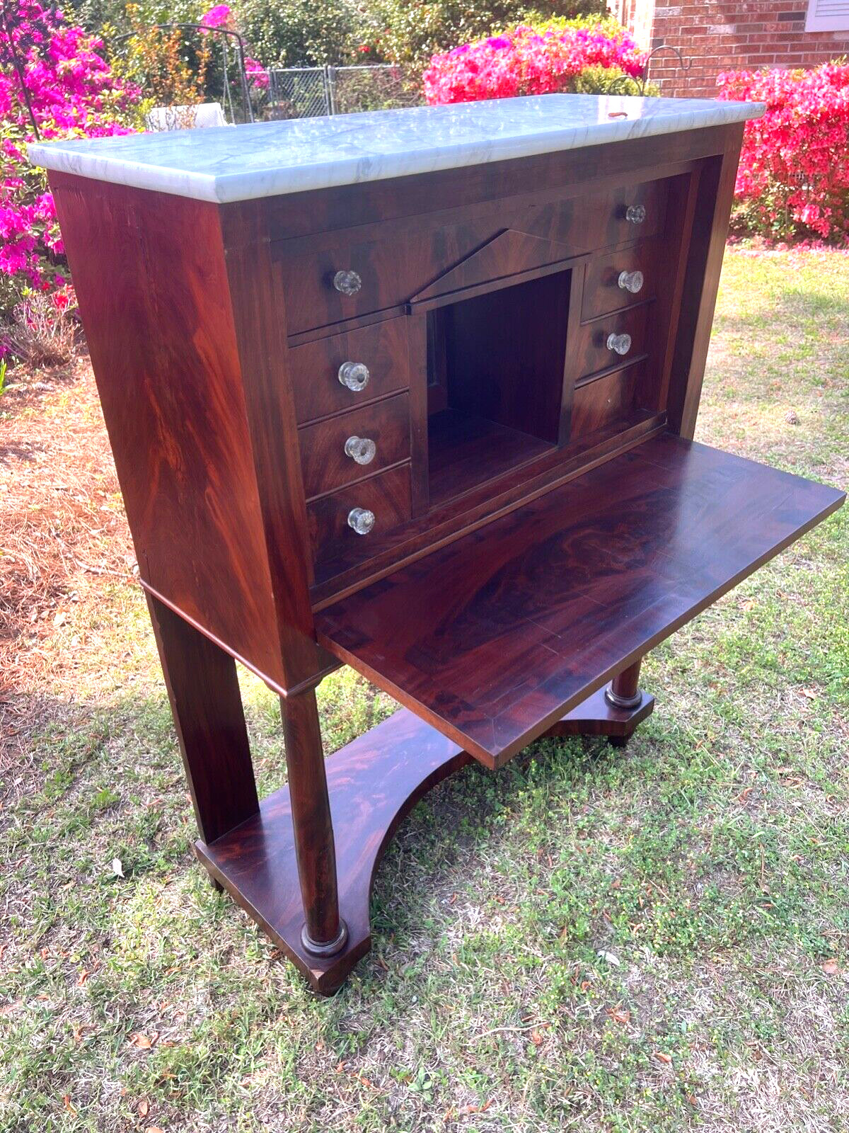 ANTIQUE MAHOGANY MARBLE TOP CABINET CHEST DRAWERS PILASTERS MIRROR ALCOVE DESK