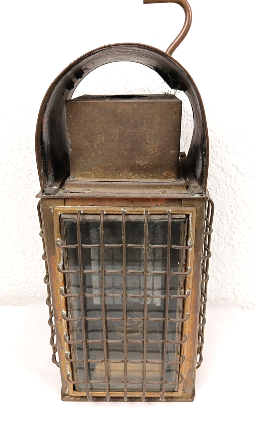 Vintage 15″ Brass Kerosene Lantern Stall Lamp Caged Glass Wedge?