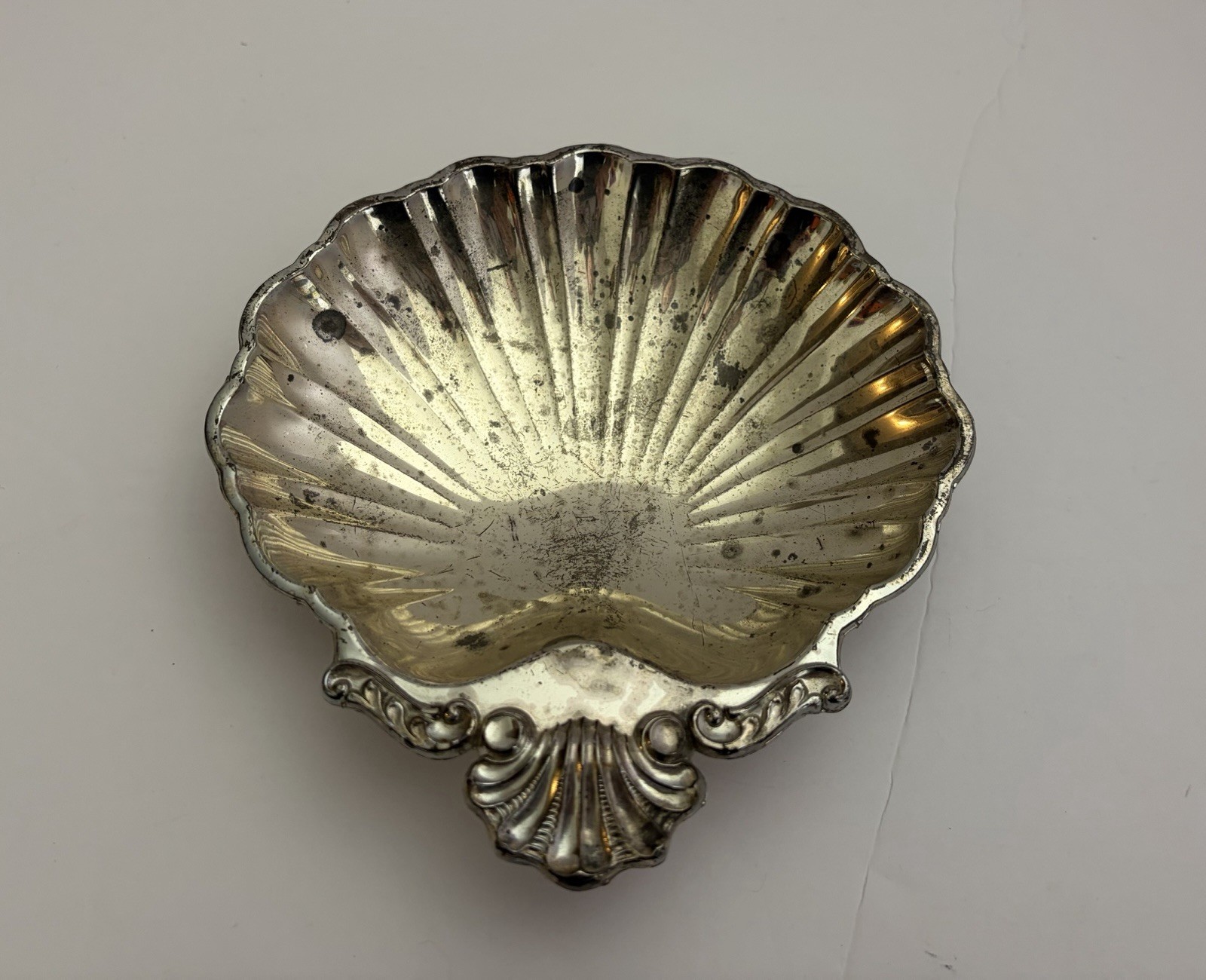 Vintage Silverplate Shell Dish Japan Scallop Bowl Patina Worn Metal Trinket