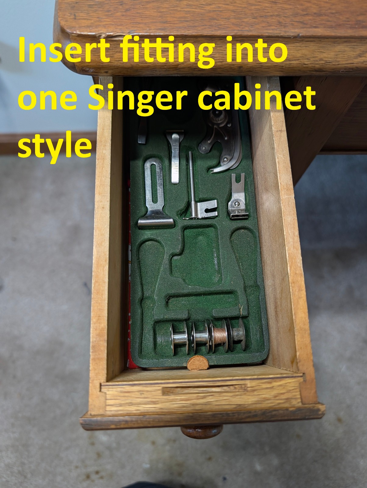 Insert Drop-in Singer Cabinet Drawer w/Early Singer 66 Attachments Accessories
