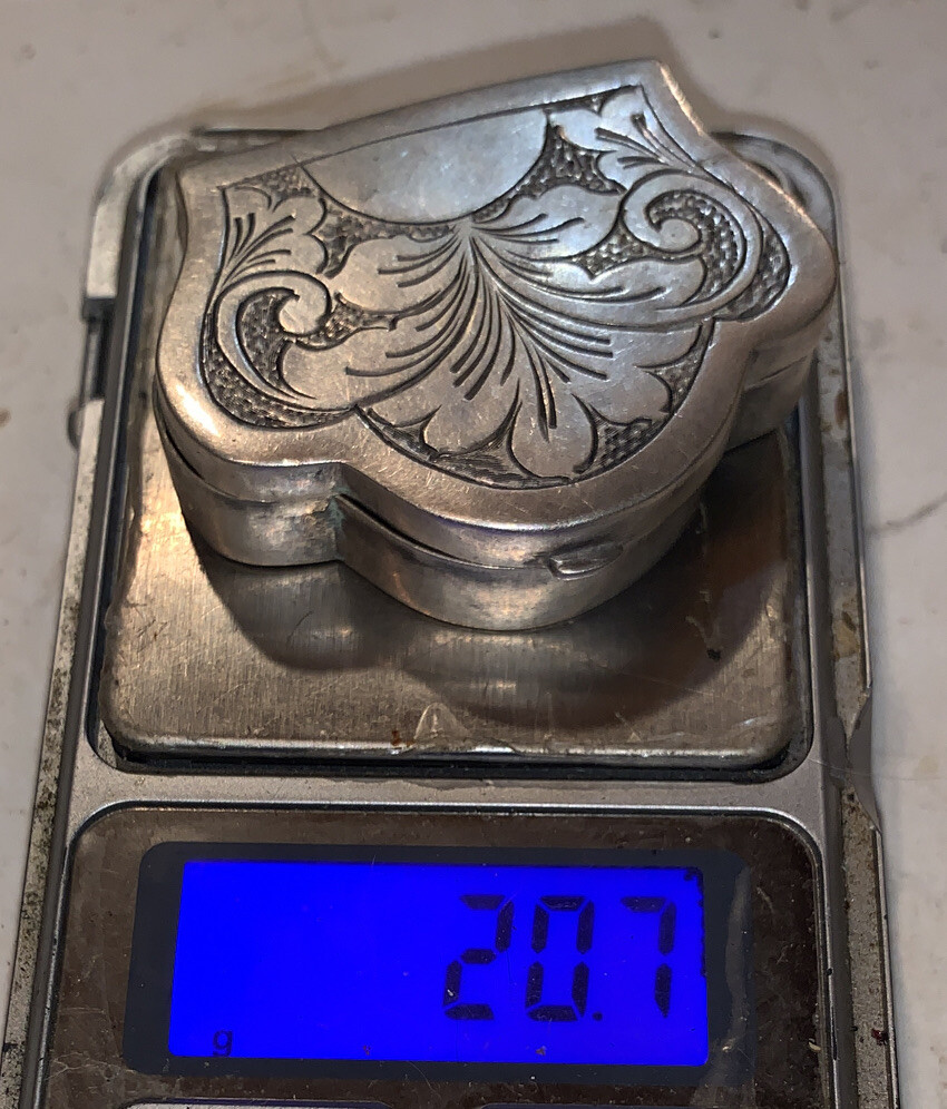 Antique Hand Tooled Solid Coin Silver 900 Pill Box 20gm Collectible Snuff Case
