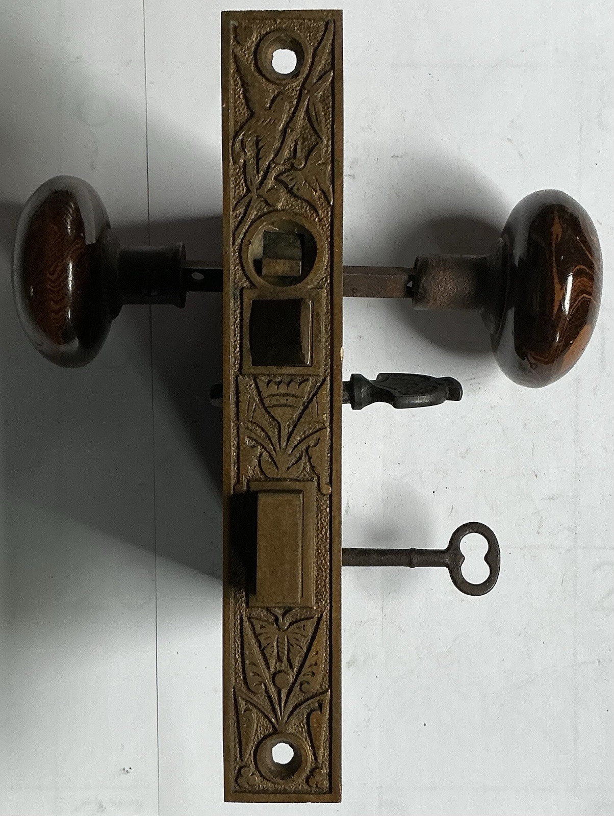 1865 Victorian East Lake 3 Key Mortise Lock With Bennington Pottery Knobs