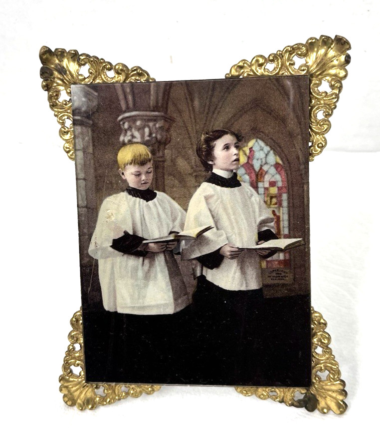 Victorian Reverse Painting Glass 2 Choir Boys w Stained Glass Gold Metal Corners