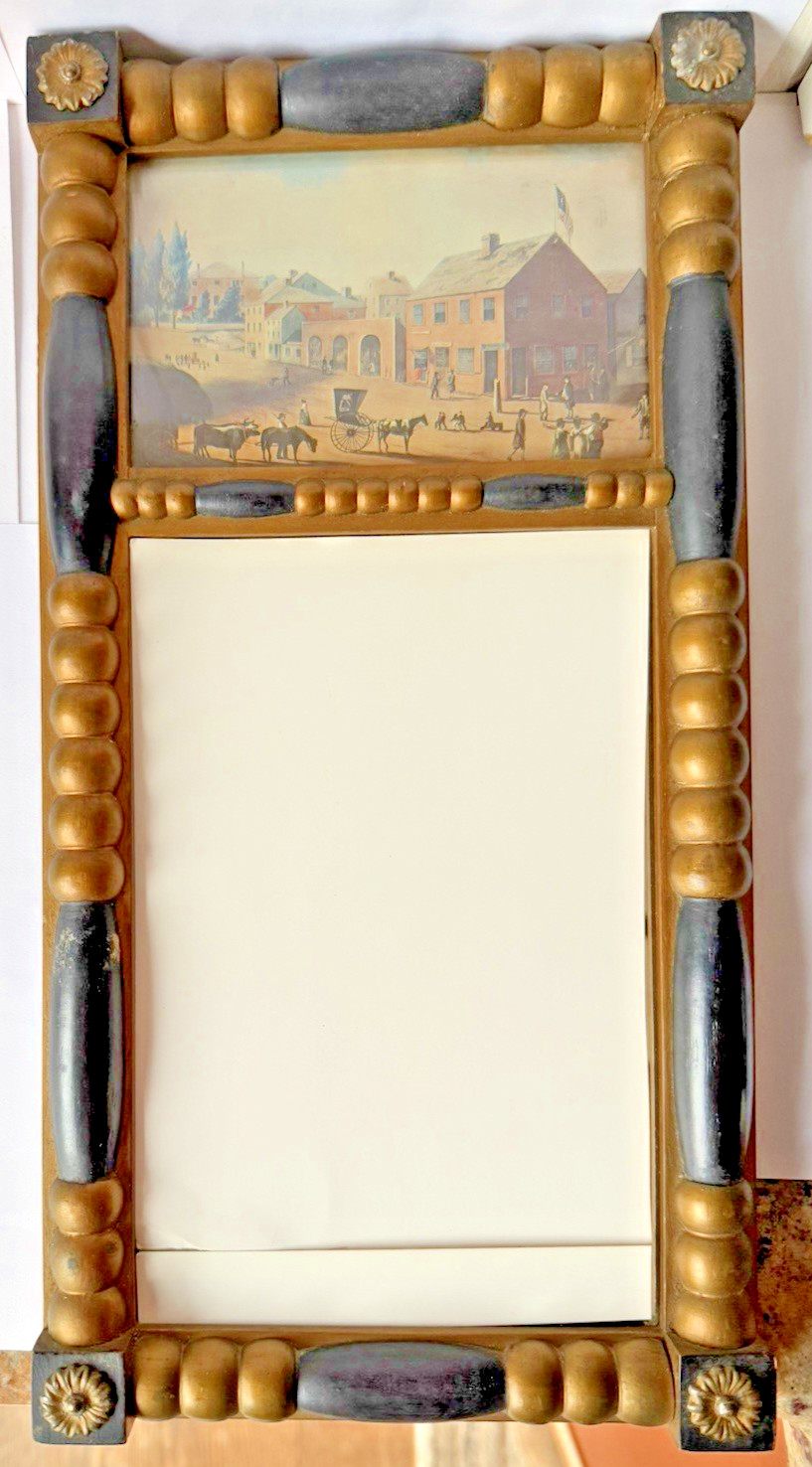 Antique Mirror Gilt Wood Ebonized Painted Scene New Bedford Mass 7″ x 14