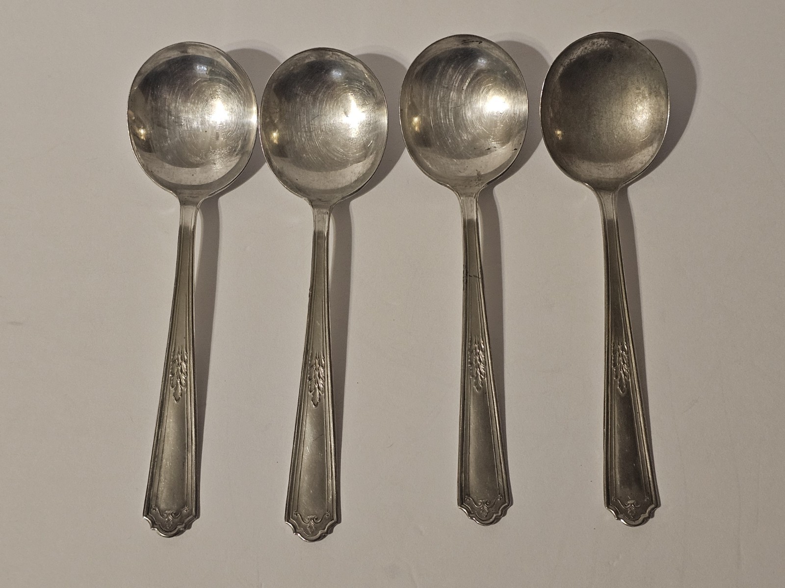 Vintage Sherwood Co Silverplate Soup Spoons Set 4 Replacement Flatware Lot