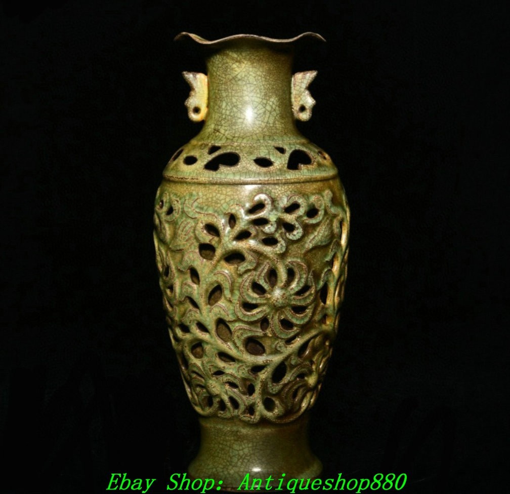 11.4”Old Chinese Song Dynasty Chai Kiln Porcelain Hollow out Flower Bottle Vase
