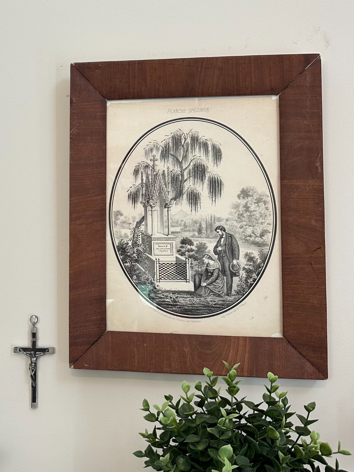 Antique French Victorian Lemercier & Co. Paris Mourning Framed Lithograph Grave