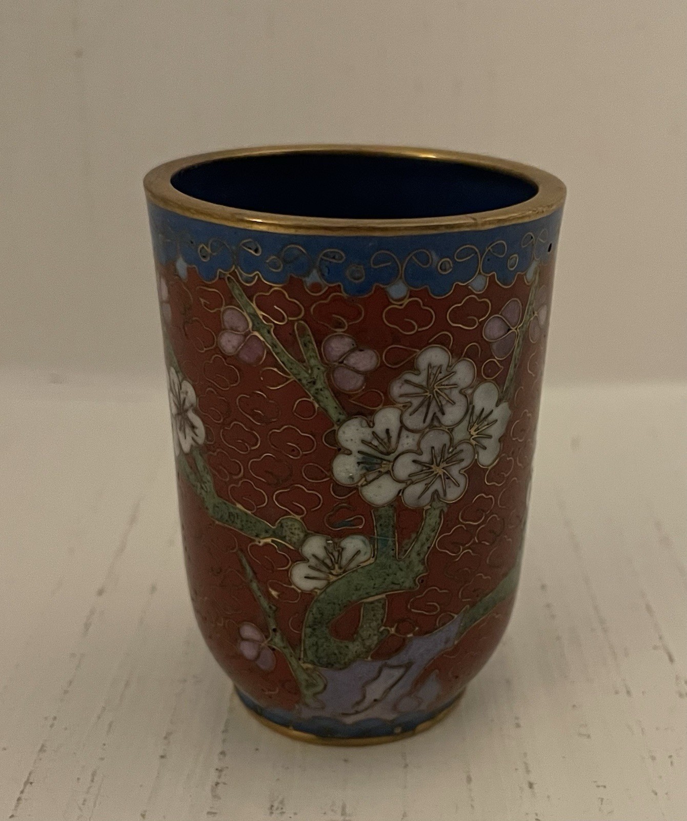 Vintage Chinese Copper Cloisonne Enamel Cup Red Blue WhiteFloral Blossoms