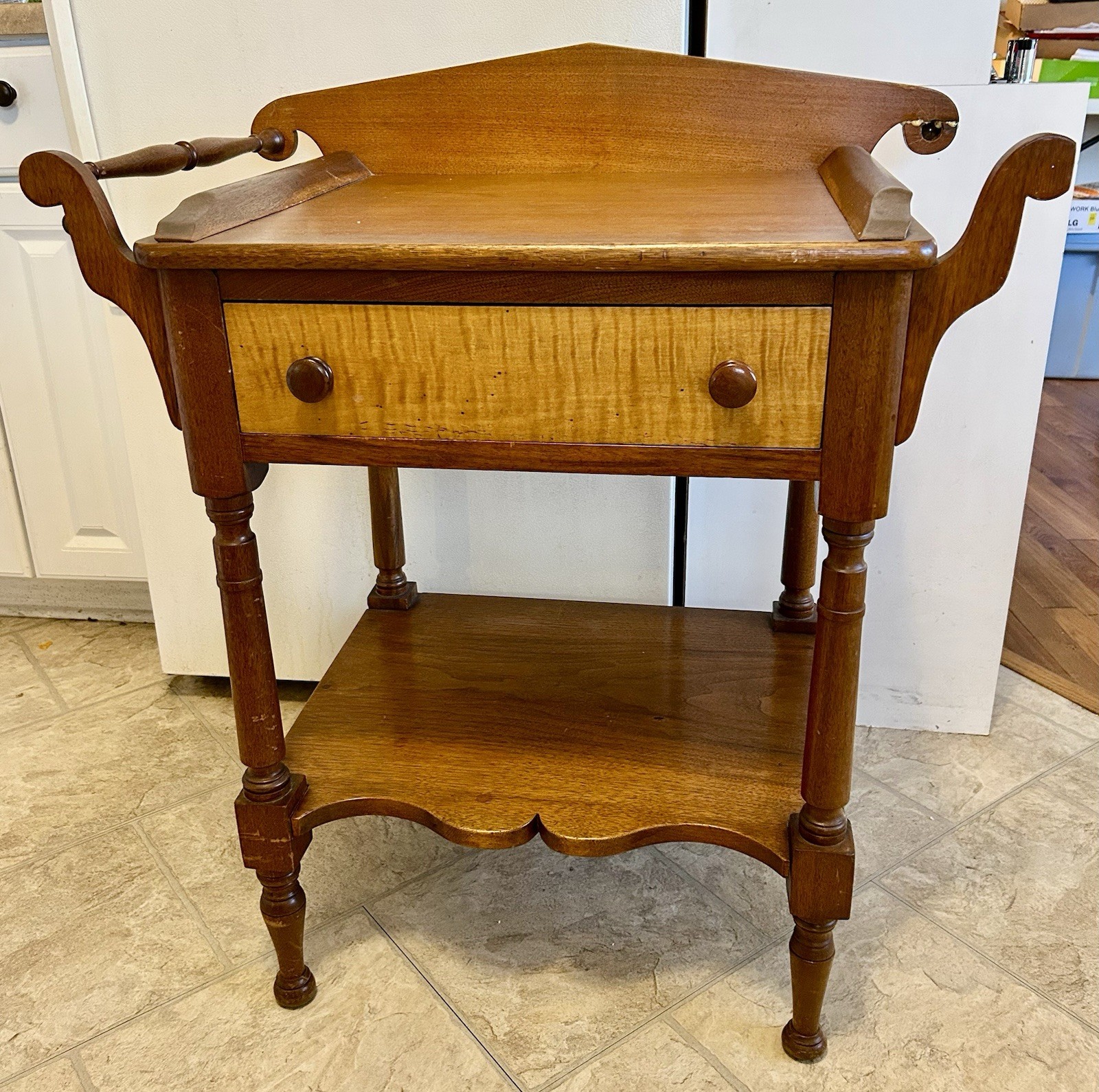 Antique Solid Cherry & Curly Tiger Maple One Drawer Washstand Towel Bar Repair x