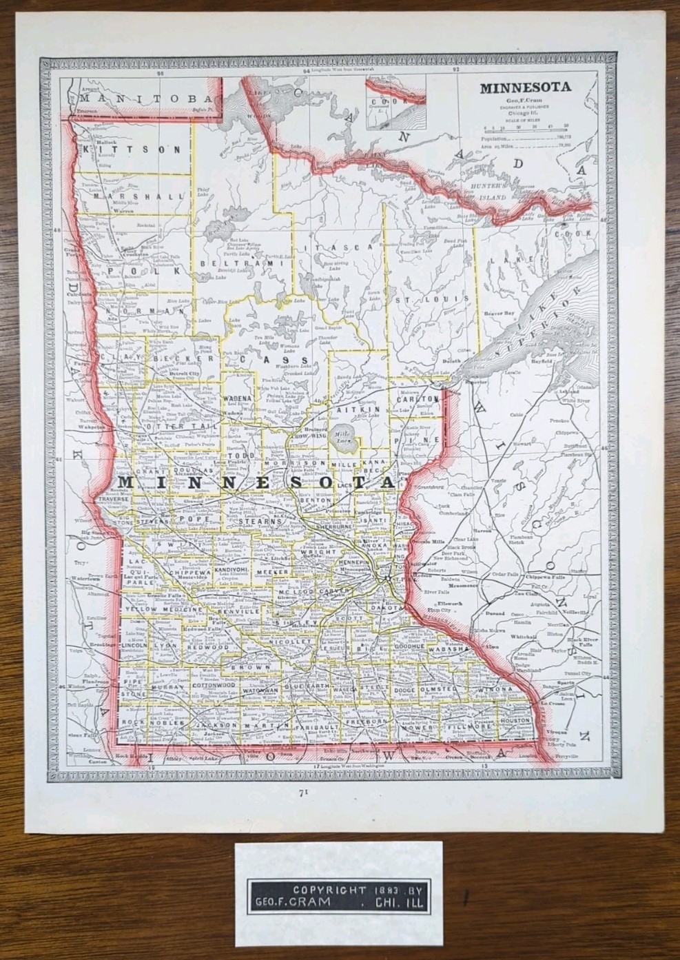 Vintage 1883 MINNESOTA Map 11″x13″ ~ Old Antique Original MINNEAPOLIS ST PAUL MN