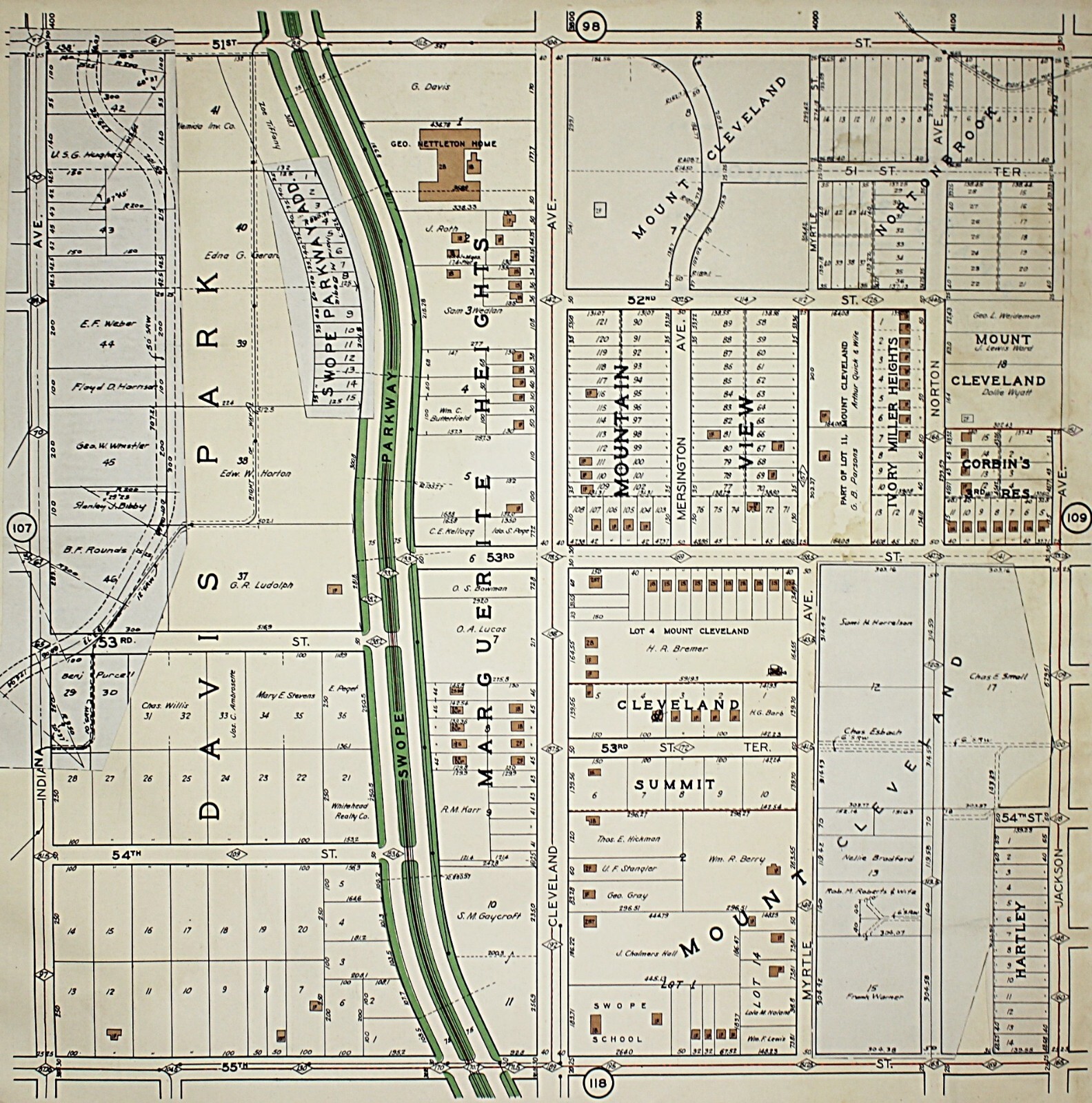 1925 Kansas City Missouri Atlas Plat Map RARE Color Lithograph Plate #108 & 109