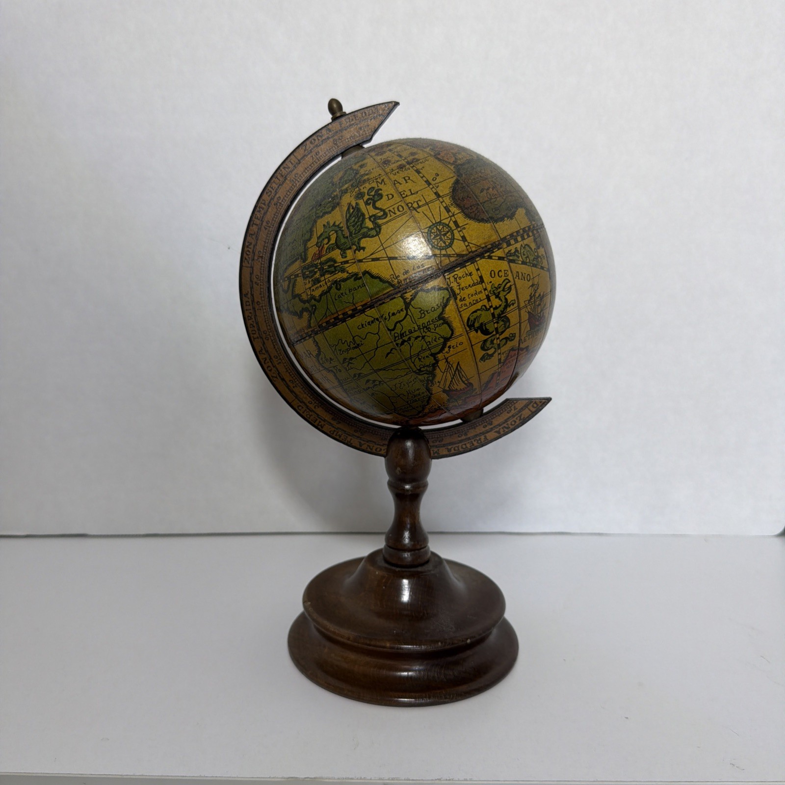 Vintage Italian Old World Desk Globe Wooden Made in Italy 10 1/2” Tall approx.