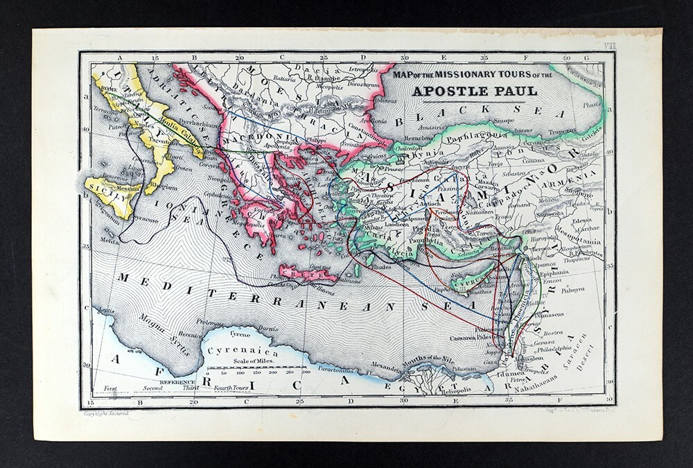 1869 Coleman Map Travels of Saint Paul Jerusalem Athens Rome Turkey Greece Bible