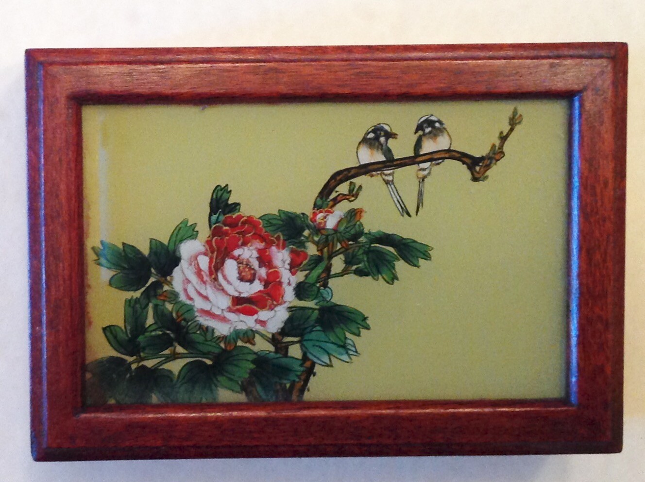 ~ Chinese Export Reverse Glass Hand Painted Wood Box – Birds & Flowers