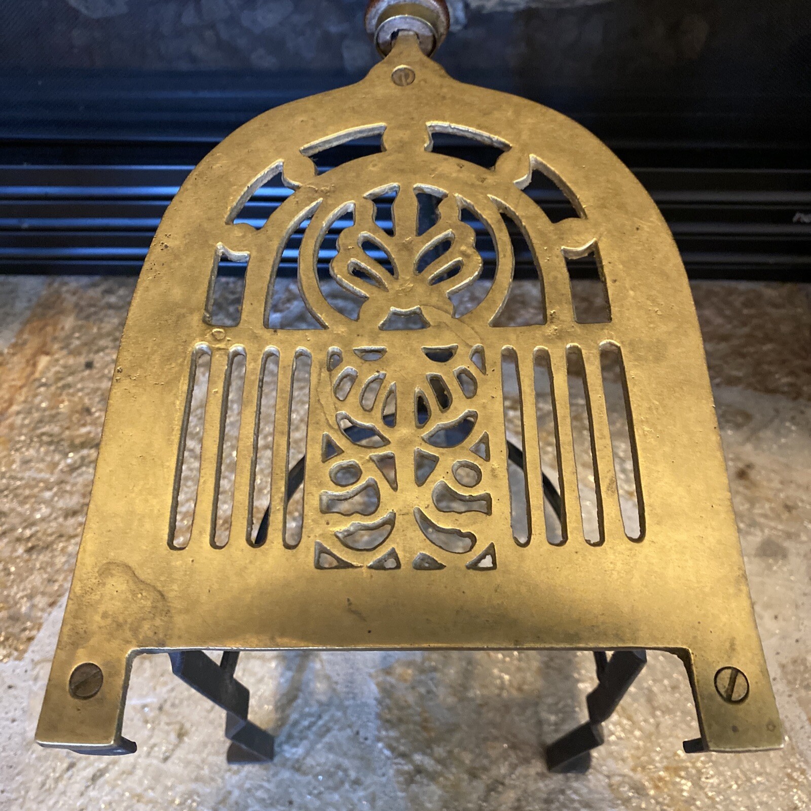 Fireplace TRIVET, Kettle Stand, Solid Brass & Wrought Iron, Penny Foot, 13.5”