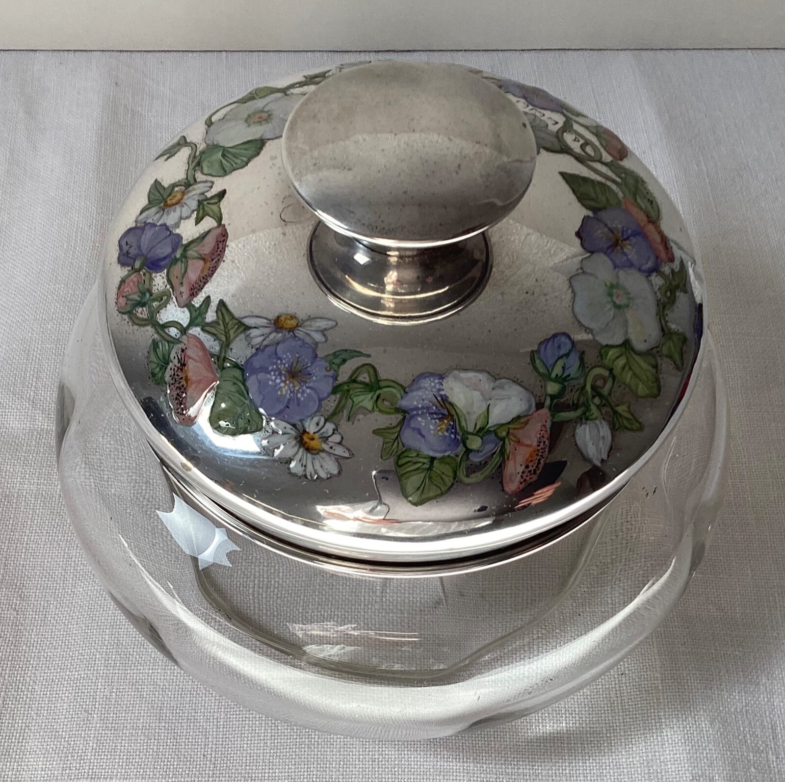 Large antique glass powder bowl w exquisite HMSS lid w enamelled flowers