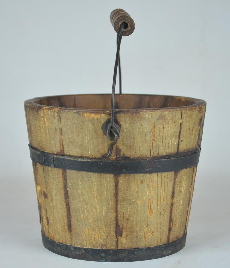 ANTIQUE PRIMITIVE WOODEN BUCKET SWING TURNED HANDLE-ADVERTISING J.W. WIND 5 1/2″