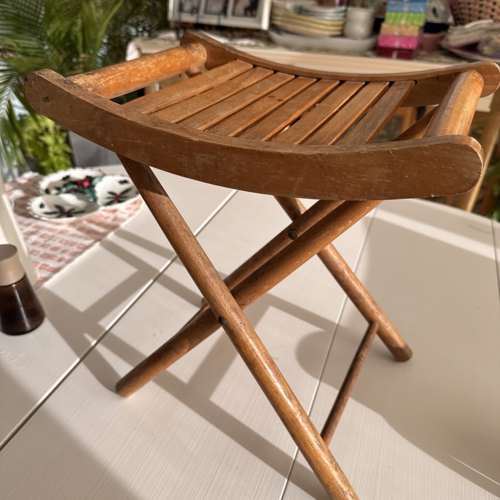 Vintage Nevco Wood Fold & Carry 15” Stool Made In Yugoslavia