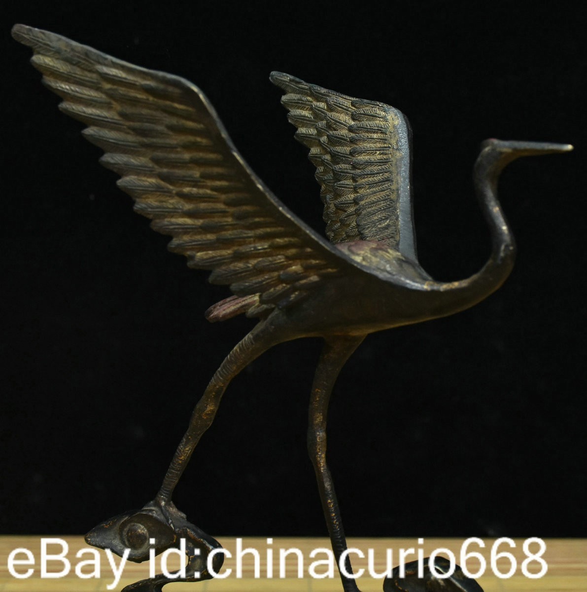 10.4″ Old China Copper Carving Feng Shui Crane longevity Lucky Statue