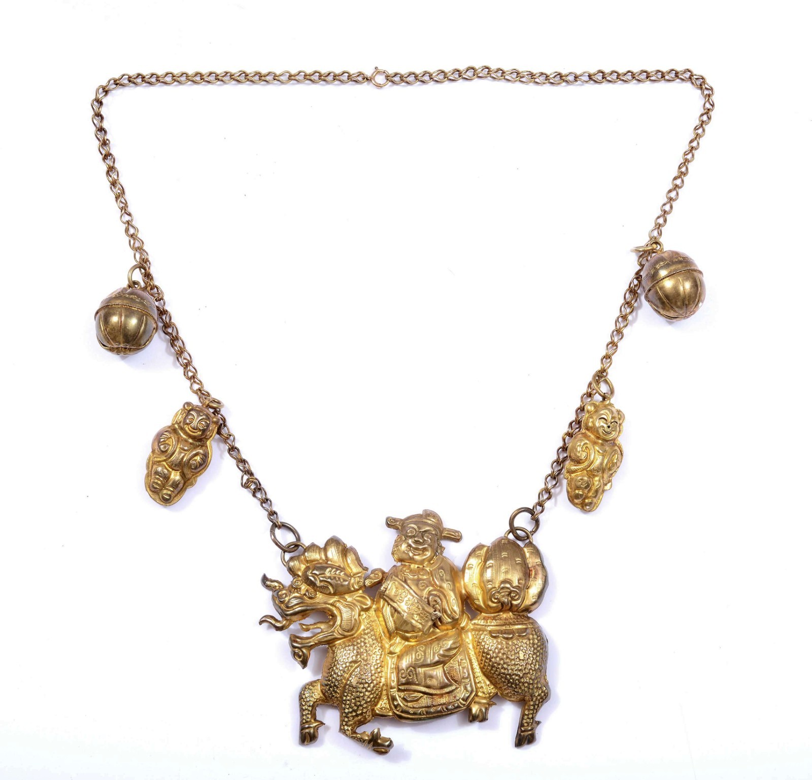 1900’s Chinese Gilt Silver Lock Pendant Charms Bell Necklace