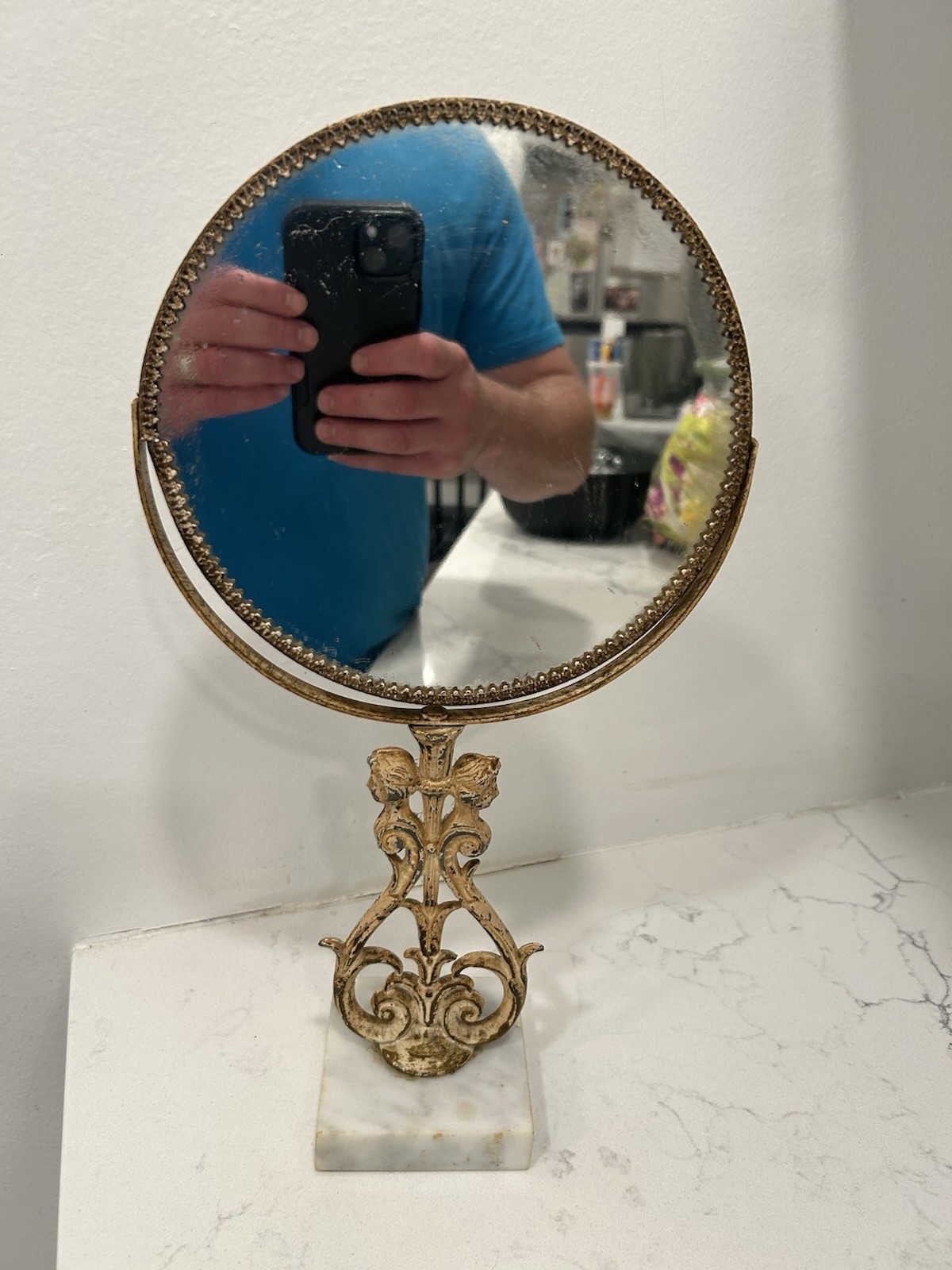 Vintage Gold-Toned Ornate Tabletop Swivel Vanity Mirror Double Sided W/ Marble