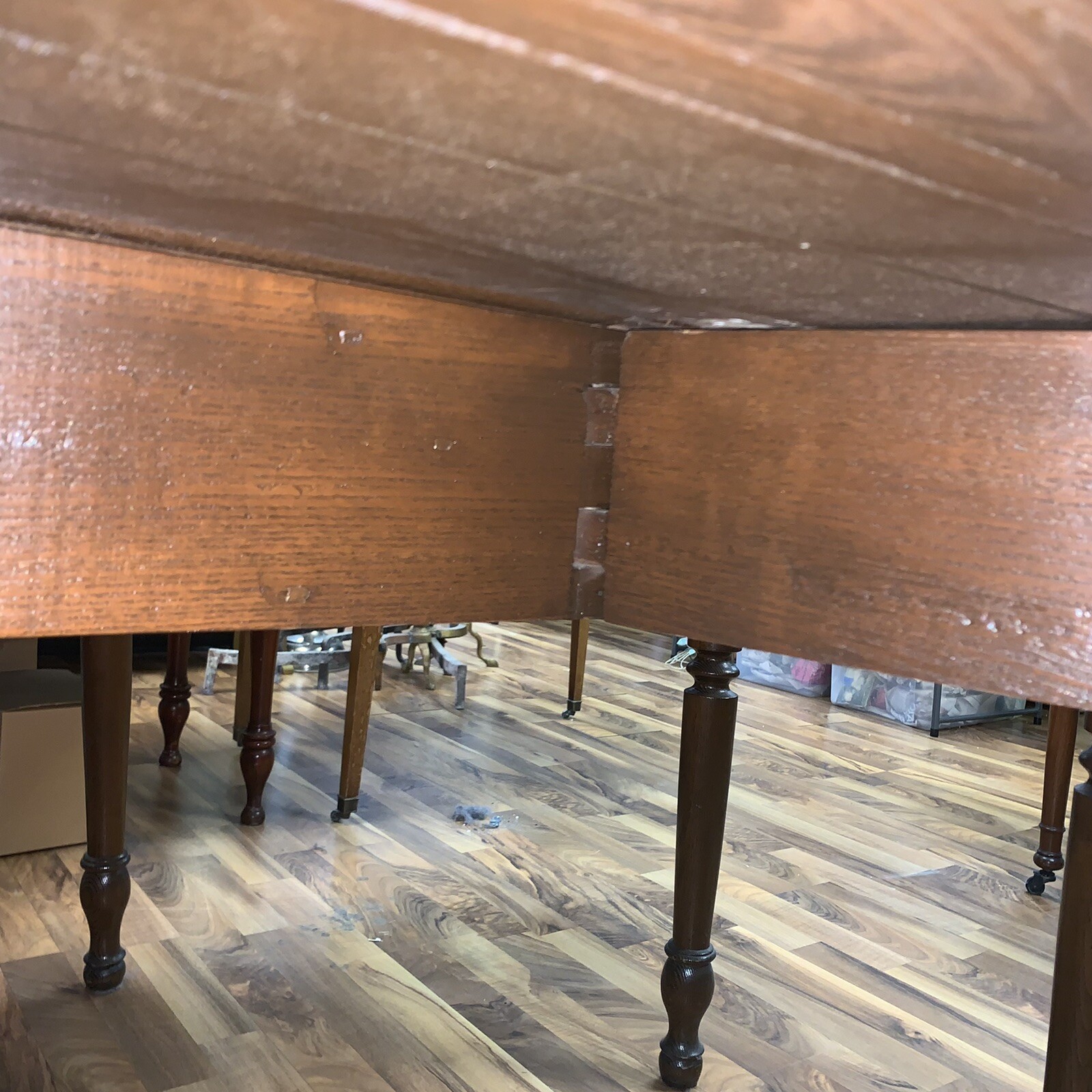 ATQ 1800s Primitive Hand Carved Solid Oak Wood Drop Leaf Table w/ Gate Legs 60”L