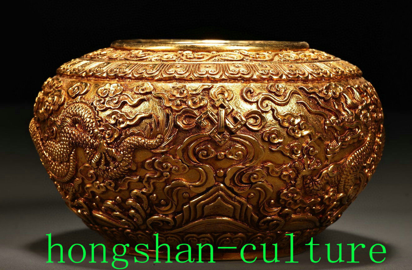 5.1″ Old China Pure Bronze Gild Relief Dragon Beast Pattern Pot Jar Crock
