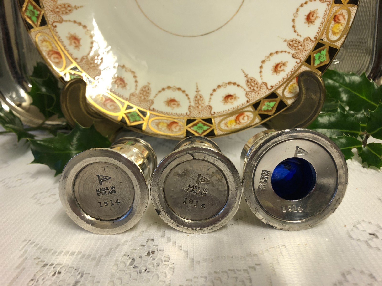 Antique Royal Albert Crown China Lovain Plate & Walker Hall Silver Plate Cruet