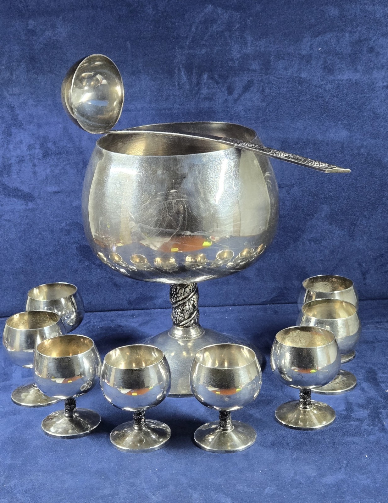 Roma S.L. Silver Plated Punch Bowl with 8 Goblets Made in Madrid Spain