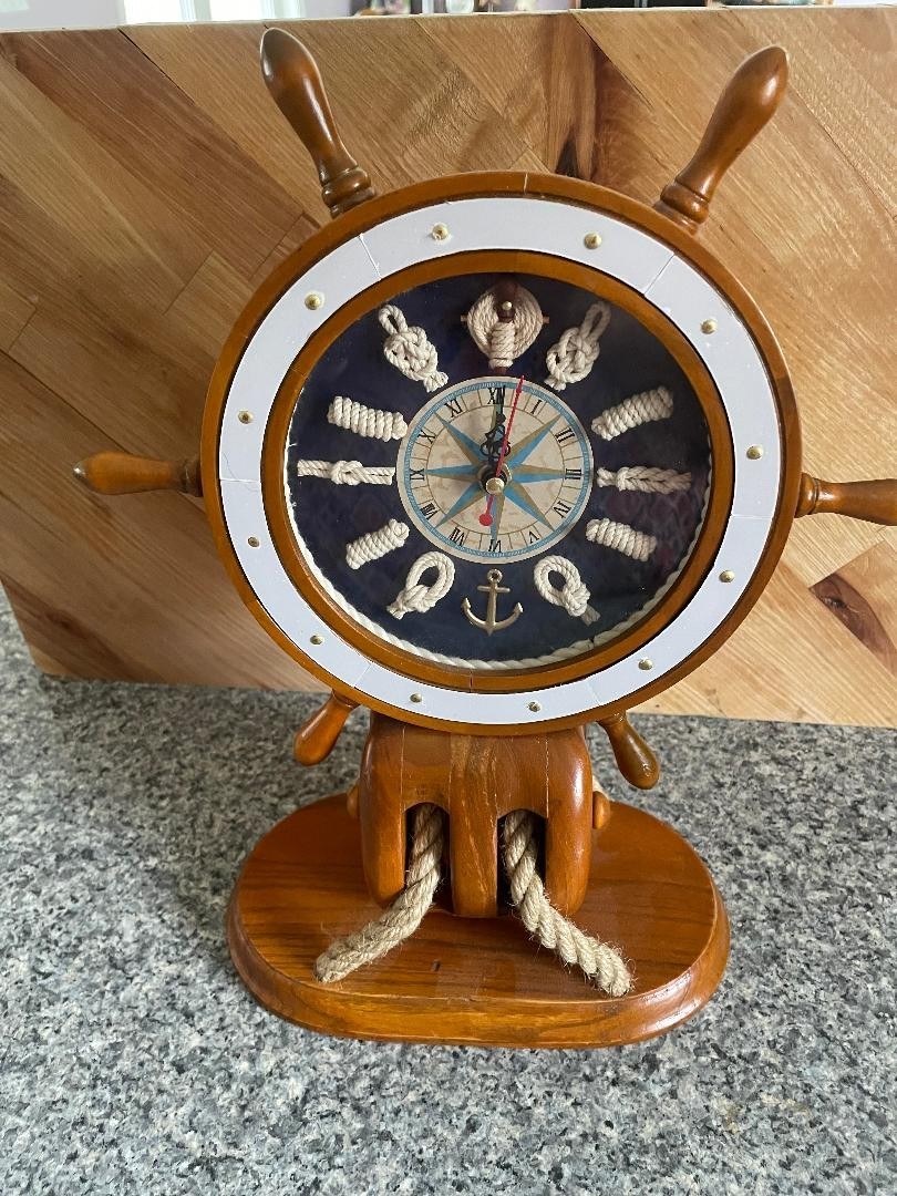 Nautical Wooden Ship’s Wheel Clock~Oak/Blue Face/Nautical Knots/Rope/AA Battery