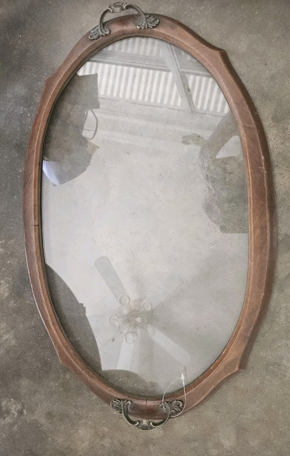 Vintage 21″ X 13.5″ Oval Oak Wood and Glass Serving Brass Handled Tray