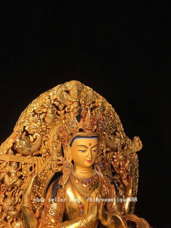 13” Tibet Copper Gilt Gems 4 Arm Hand Chenrezig Buddha Avalokiteshvara Statue