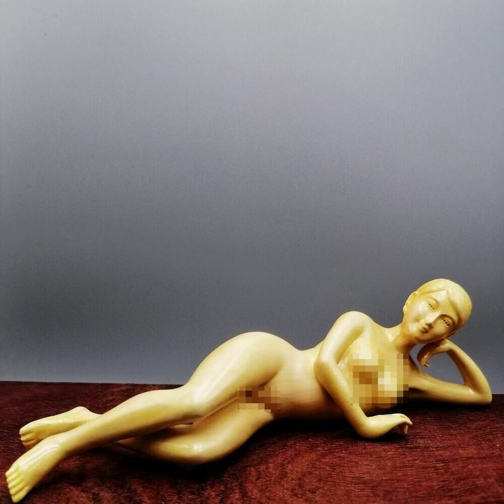 7″ Chinese Boxwood Huang-yang Wood Carving Girl Statue