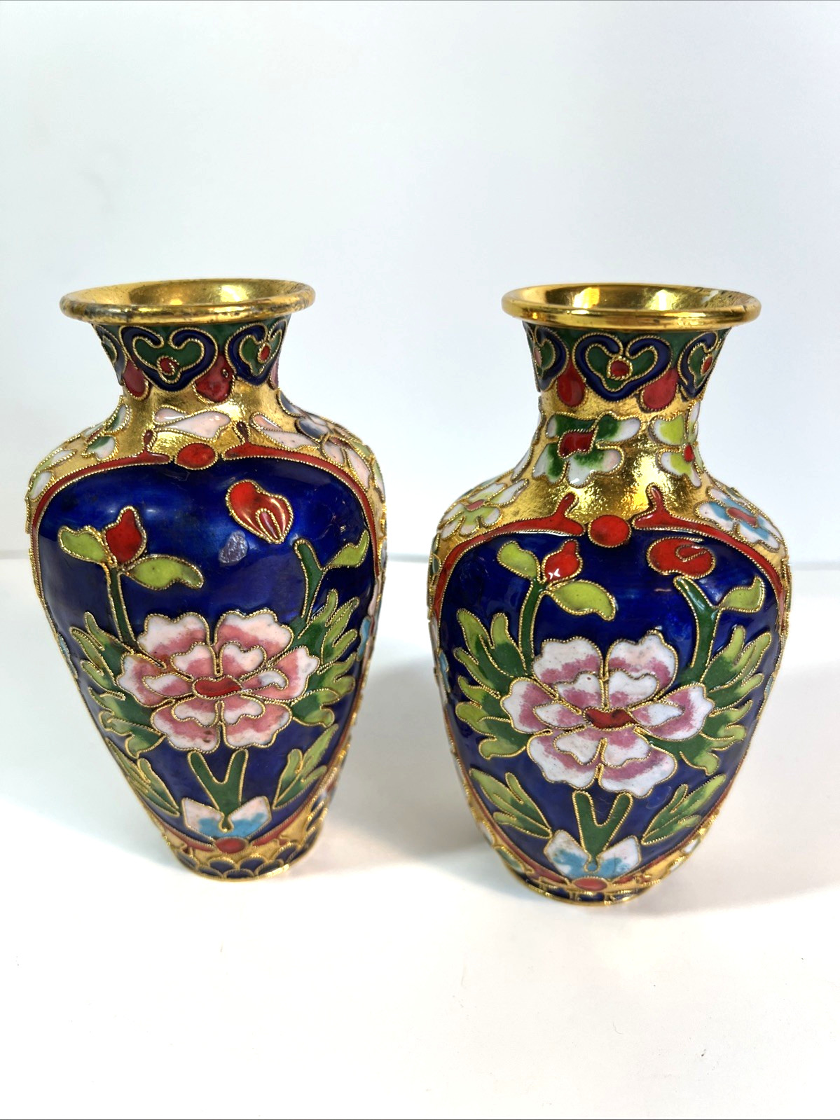2 pc Vintage Chinese Cloisonné Vases Brass Enamel All Over Floral 5” Miniature