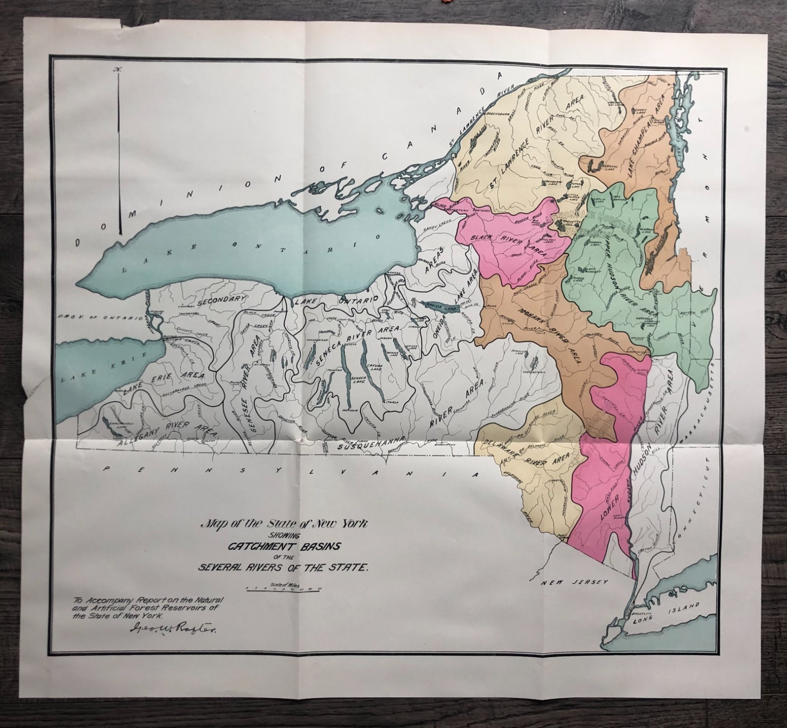 Original Antique New York State Rivers & Lakes Catchment Basins Map 1898
